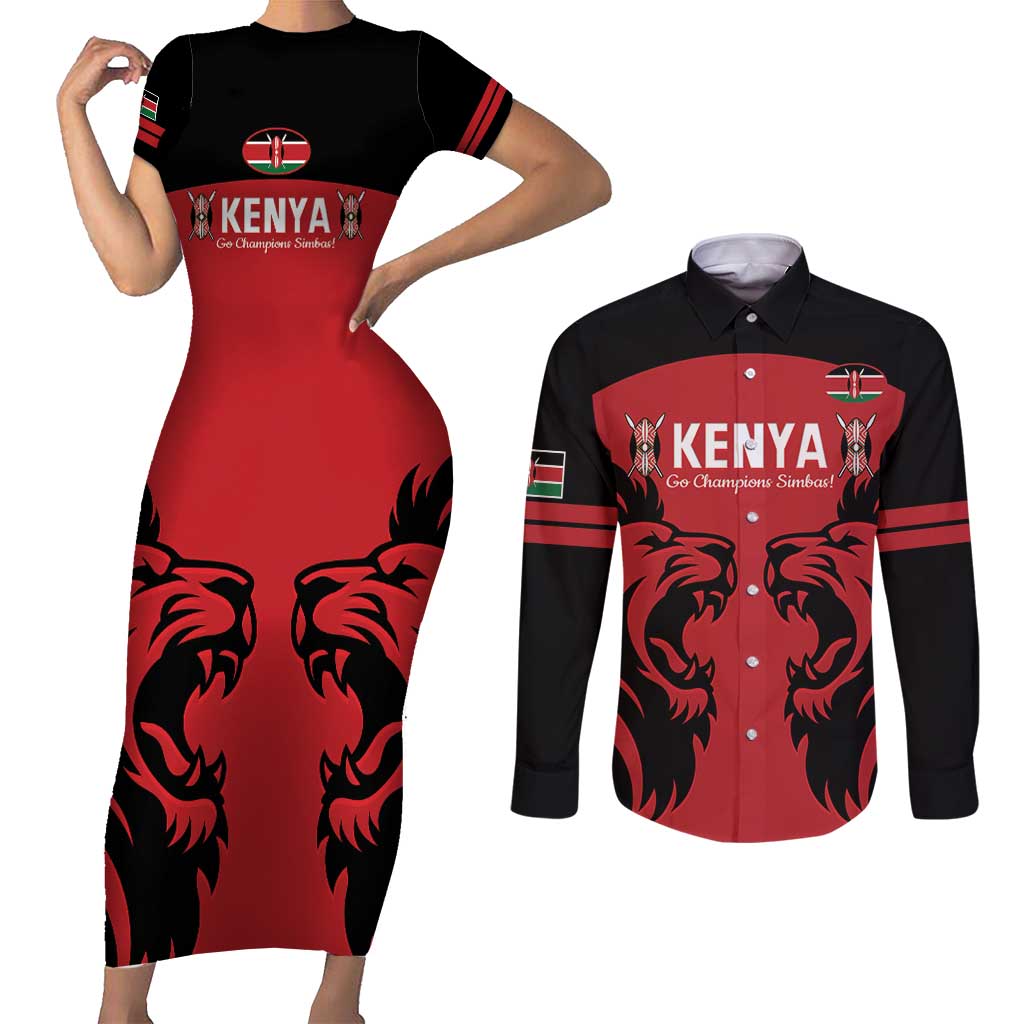 Custom Kenya Rugby Couples Matching Short Sleeve Bodycon Dress and Long Sleeve Button Shirt 2024 Go Champions Simbas - Red - Wonder Print Shop