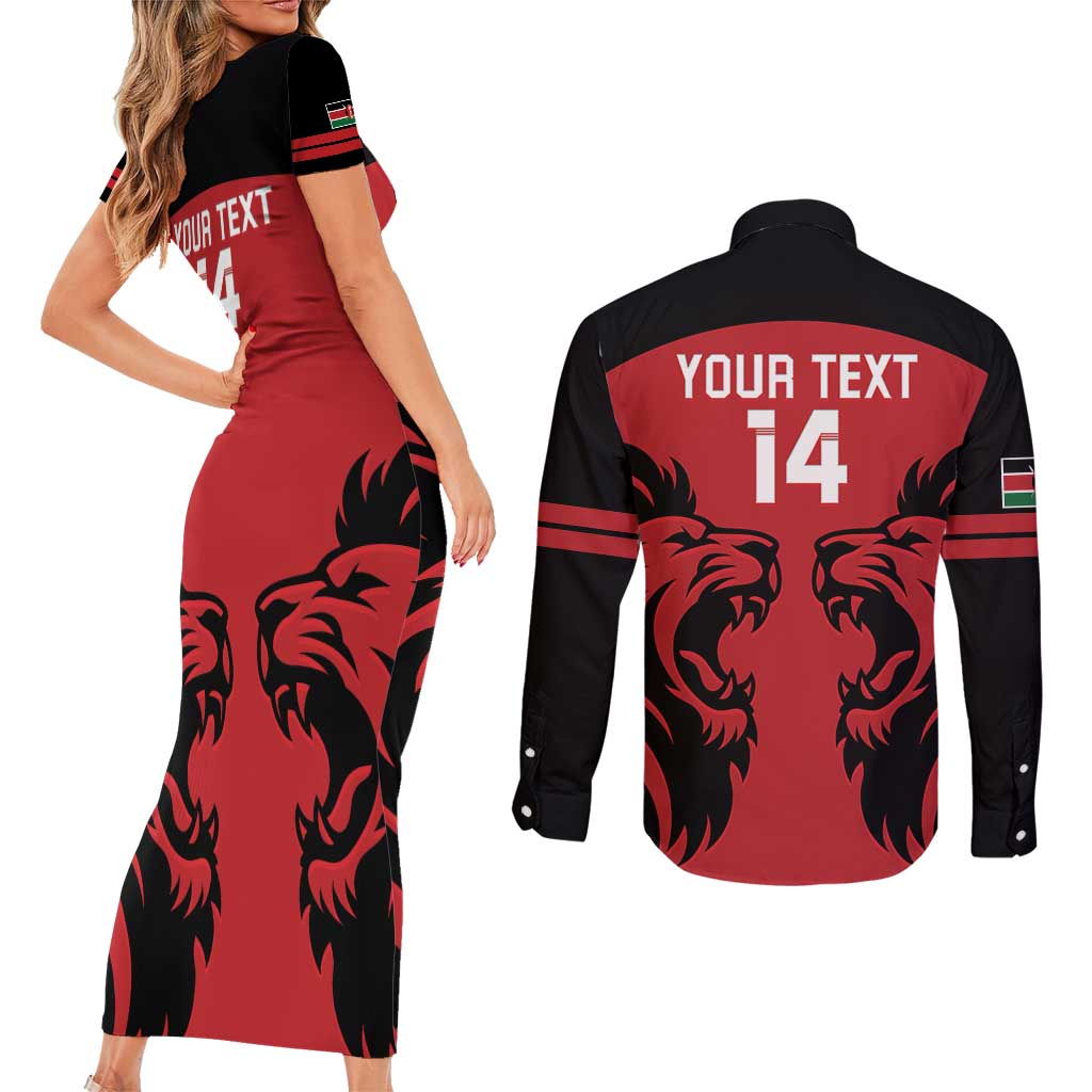 Custom Kenya Rugby Couples Matching Short Sleeve Bodycon Dress and Long Sleeve Button Shirt 2024 Go Champions Simbas - Red - Wonder Print Shop
