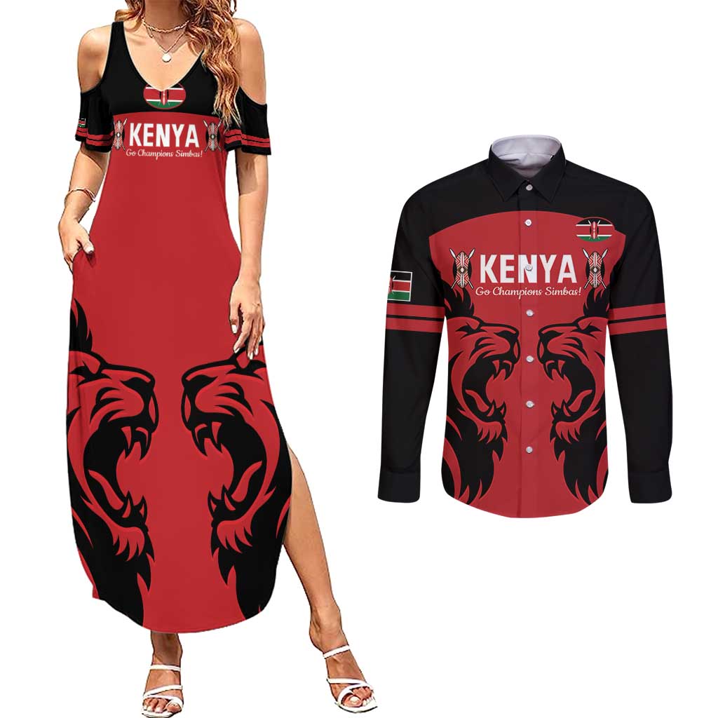 Custom Kenya Rugby Couples Matching Summer Maxi Dress and Long Sleeve Button Shirt 2024 Go Champions Simbas - Red - Wonder Print Shop