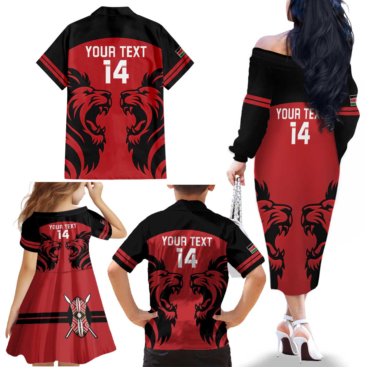 Custom Kenya Rugby Family Matching Off The Shoulder Long Sleeve Dress and Hawaiian Shirt 2024 Go Champions Simbas - Red - Wonder Print Shop
