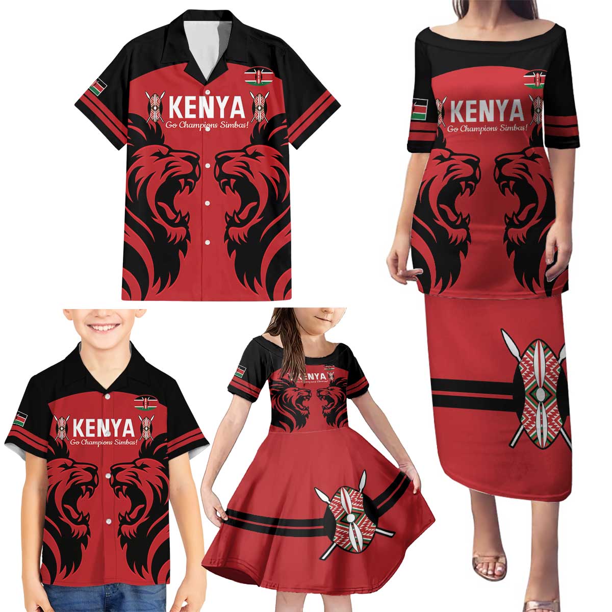Custom Kenya Rugby Family Matching Puletasi and Hawaiian Shirt 2024 Go Champions Simbas - Red - Wonder Print Shop