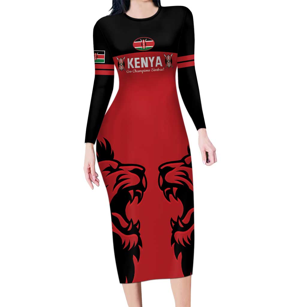 Custom Kenya Rugby Long Sleeve Bodycon Dress 2024 Go Champions Simbas - Red - Wonder Print Shop