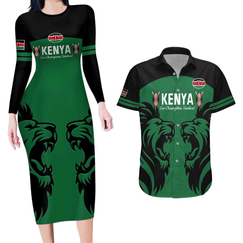 Custom Kenya Rugby Couples Matching Long Sleeve Bodycon Dress and Hawaiian Shirt 2024 Go Champions Simbas - Green - Wonder Print Shop