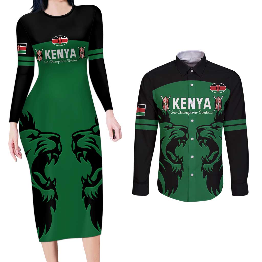 Custom Kenya Rugby Couples Matching Long Sleeve Bodycon Dress and Long Sleeve Button Shirt 2024 Go Champions Simbas - Green - Wonder Print Shop