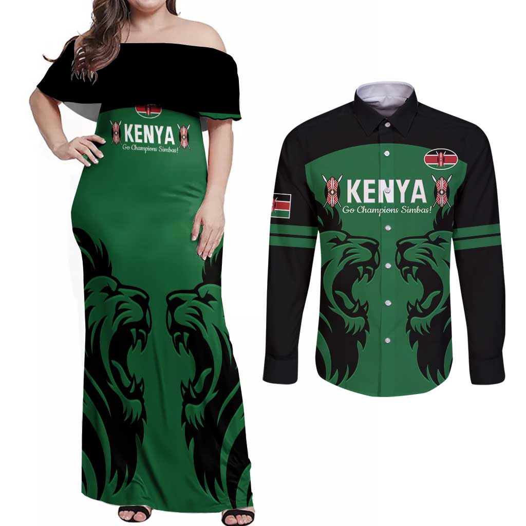 Custom Kenya Rugby Couples Matching Off Shoulder Maxi Dress and Long Sleeve Button Shirt 2024 Go Champions Simbas - Green - Wonder Print Shop
