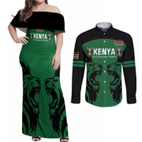Custom Kenya Rugby Couples Matching Off Shoulder Maxi Dress and Long Sleeve Button Shirt 2024 Go Champions Simbas - Green - Wonder Print Shop