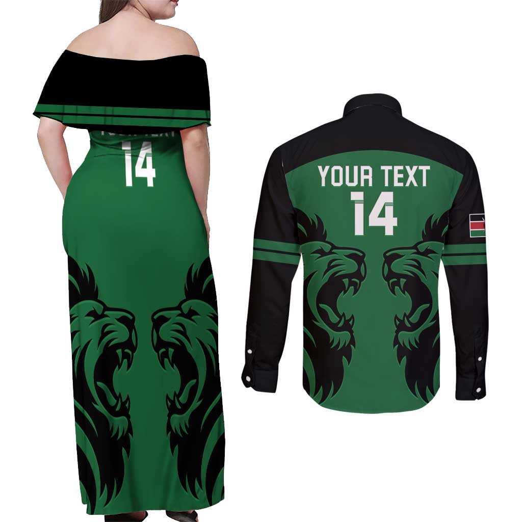 Custom Kenya Rugby Couples Matching Off Shoulder Maxi Dress and Long Sleeve Button Shirt 2024 Go Champions Simbas - Green - Wonder Print Shop