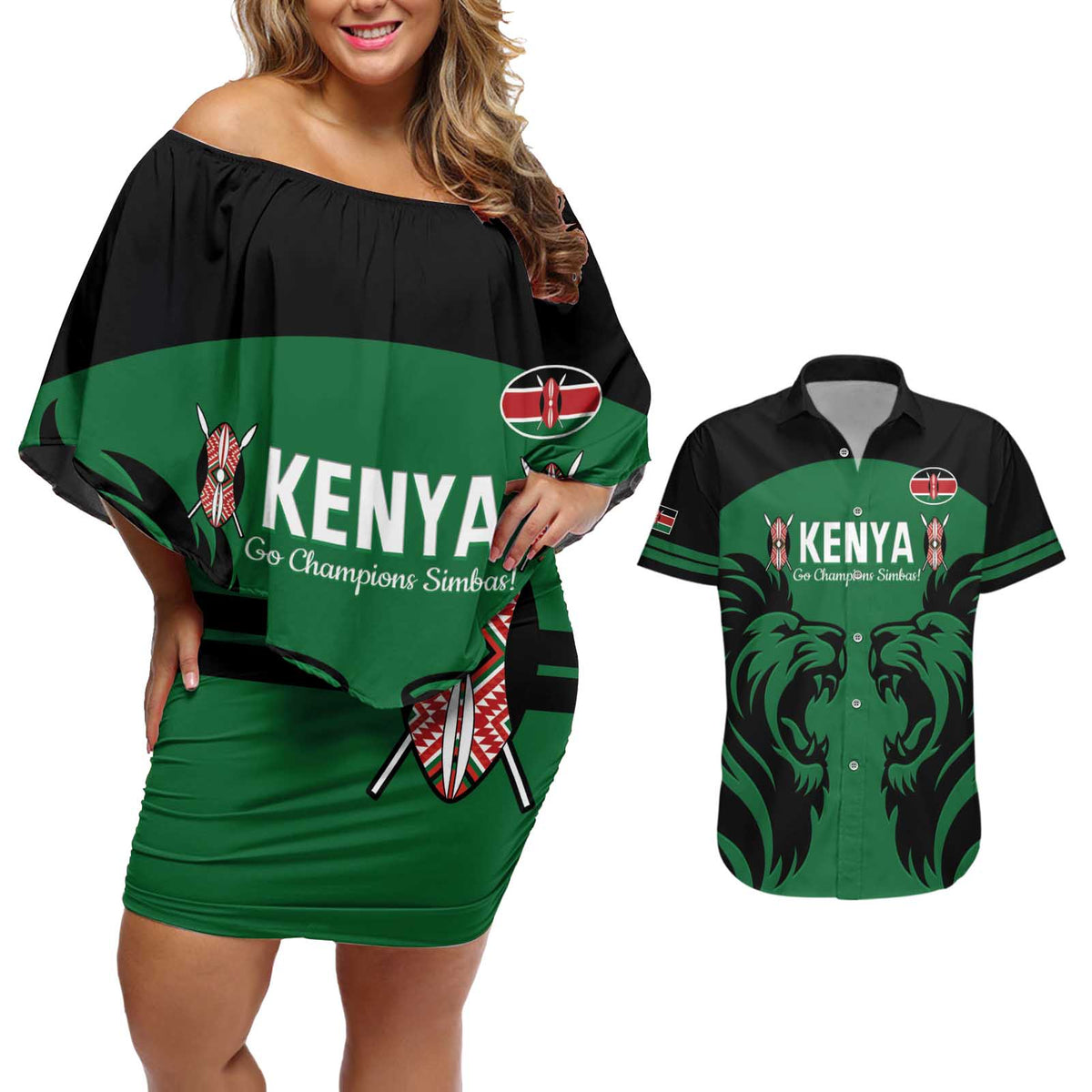 Custom Kenya Rugby Couples Matching Off Shoulder Short Dress and Hawaiian Shirt 2024 Go Champions Simbas - Green - Wonder Print Shop