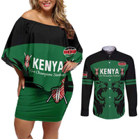 Custom Kenya Rugby Couples Matching Off Shoulder Short Dress and Long Sleeve Button Shirt 2024 Go Champions Simbas - Green - Wonder Print Shop
