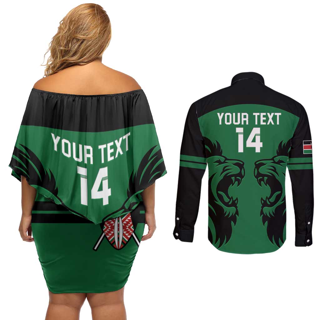 Custom Kenya Rugby Couples Matching Off Shoulder Short Dress and Long Sleeve Button Shirt 2024 Go Champions Simbas - Green - Wonder Print Shop