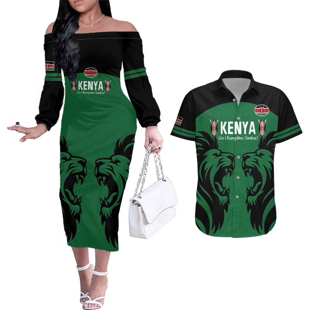 Custom Kenya Rugby Couples Matching Off The Shoulder Long Sleeve Dress and Hawaiian Shirt 2024 Go Champions Simbas - Green - Wonder Print Shop