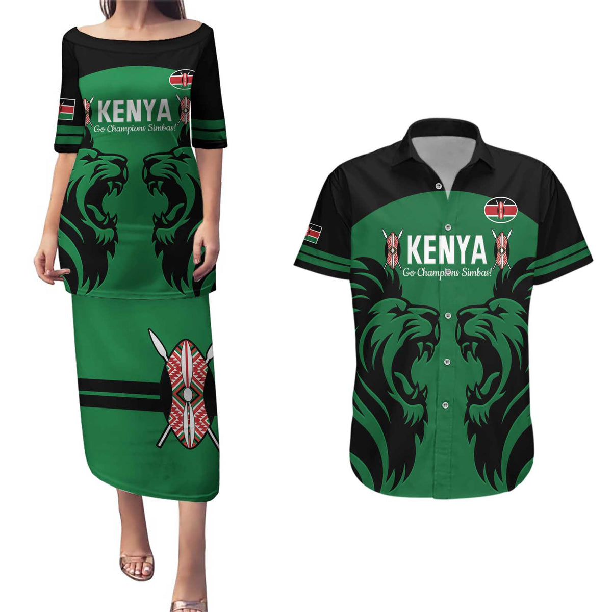 Custom Kenya Rugby Couples Matching Puletasi and Hawaiian Shirt 2024 Go Champions Simbas - Green - Wonder Print Shop