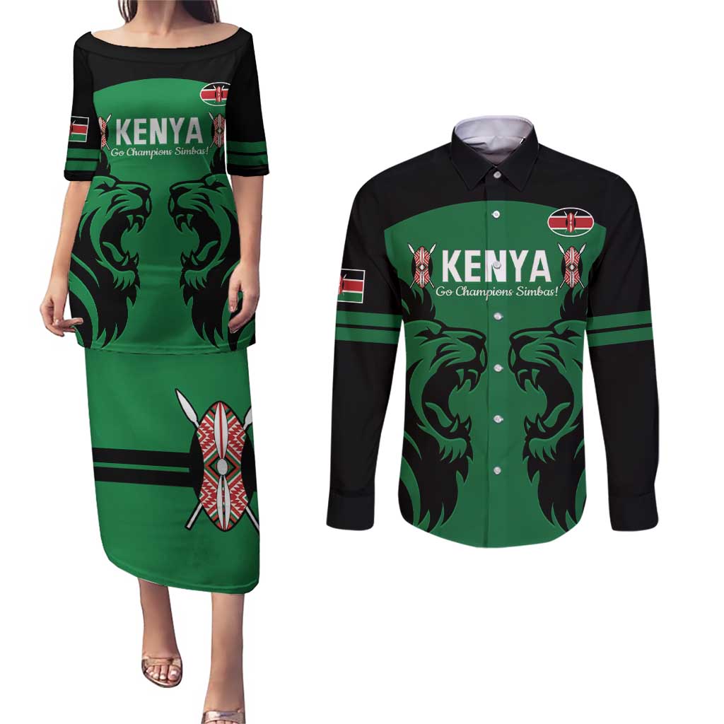 Custom Kenya Rugby Couples Matching Puletasi and Long Sleeve Button Shirt 2024 Go Champions Simbas - Green - Wonder Print Shop