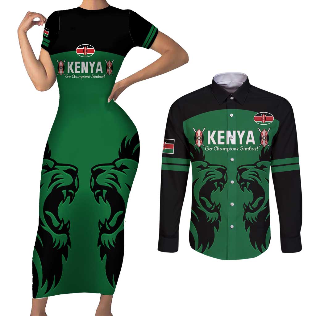 Custom Kenya Rugby Couples Matching Short Sleeve Bodycon Dress and Long Sleeve Button Shirt 2024 Go Champions Simbas - Green - Wonder Print Shop