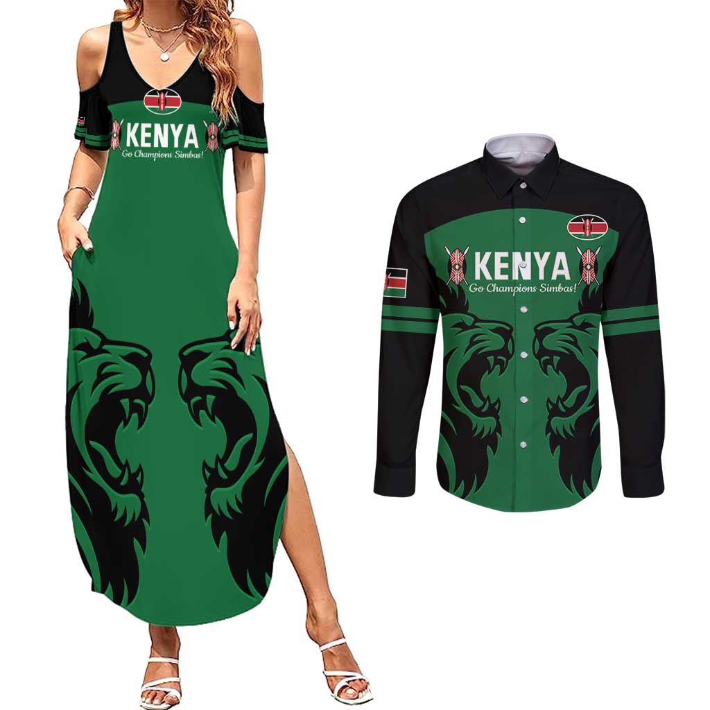 Custom Kenya Rugby Couples Matching Summer Maxi Dress and Long Sleeve Button Shirt 2024 Go Champions Simbas - Green - Wonder Print Shop