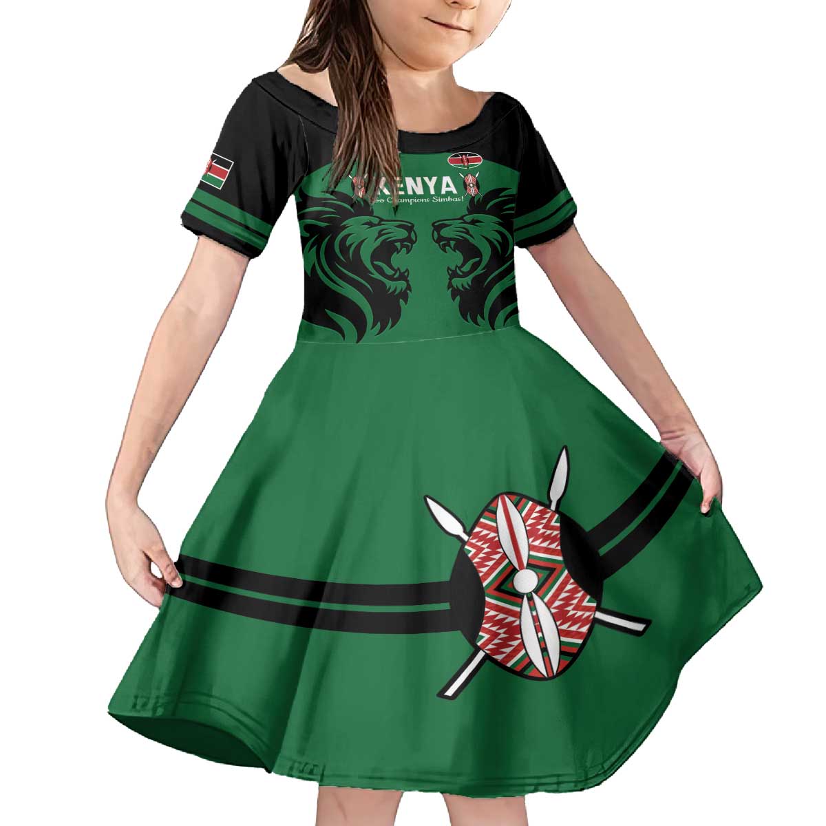 Custom Kenya Rugby Family Matching Off The Shoulder Long Sleeve Dress and Hawaiian Shirt 2024 Go Champions Simbas - Green - Wonder Print Shop