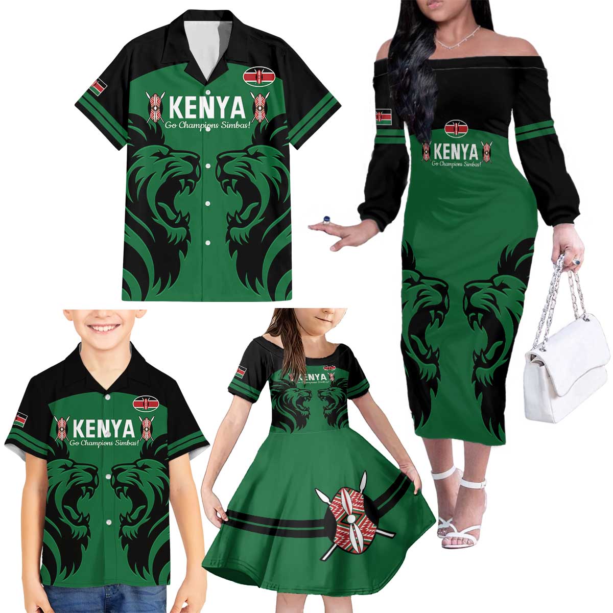 Custom Kenya Rugby Family Matching Off The Shoulder Long Sleeve Dress and Hawaiian Shirt 2024 Go Champions Simbas - Green - Wonder Print Shop