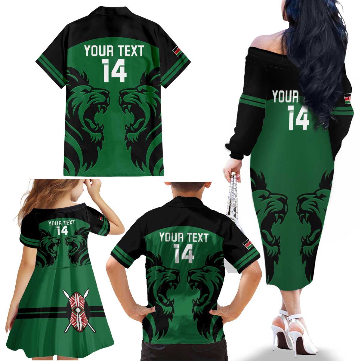 Custom Kenya Rugby Family Matching Off The Shoulder Long Sleeve Dress and Hawaiian Shirt 2024 Go Champions Simbas - Green - Wonder Print Shop
