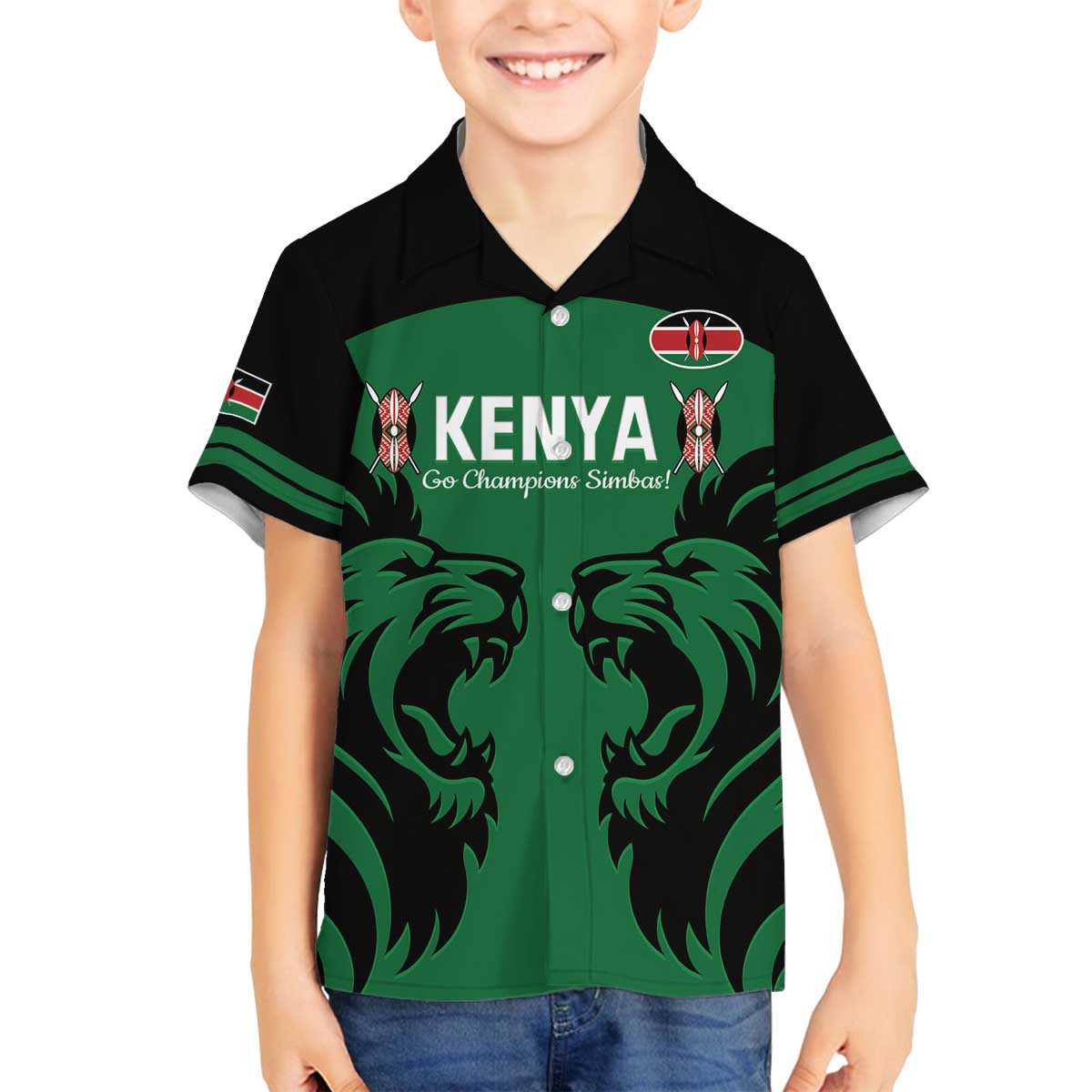 Custom Kenya Rugby Family Matching Off The Shoulder Long Sleeve Dress and Hawaiian Shirt 2024 Go Champions Simbas - Green - Wonder Print Shop