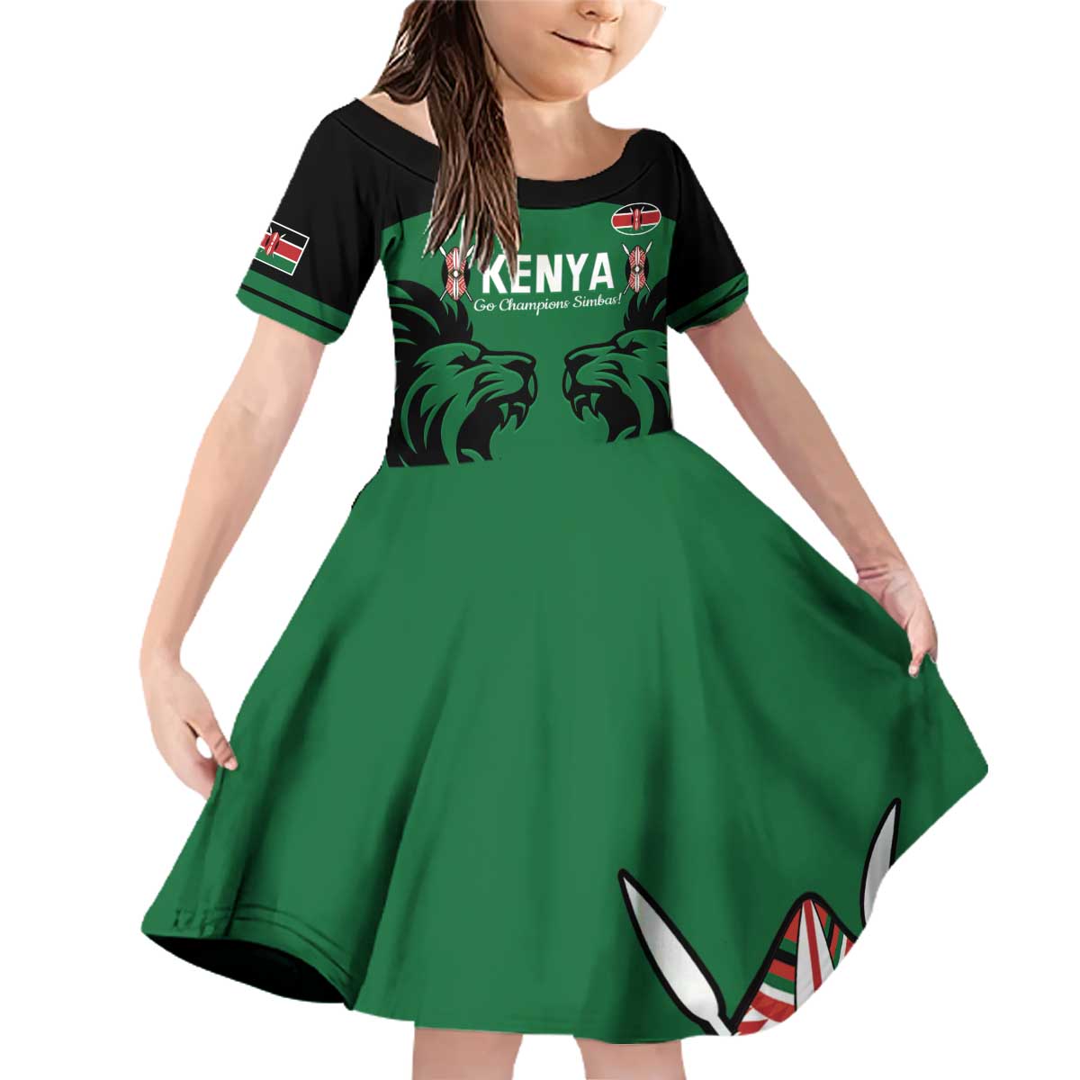 Custom Kenya Rugby Family Matching Off Shoulder Short Dress and Hawaiian Shirt 2024 Go Champions Simbas - Green - Wonder Print Shop