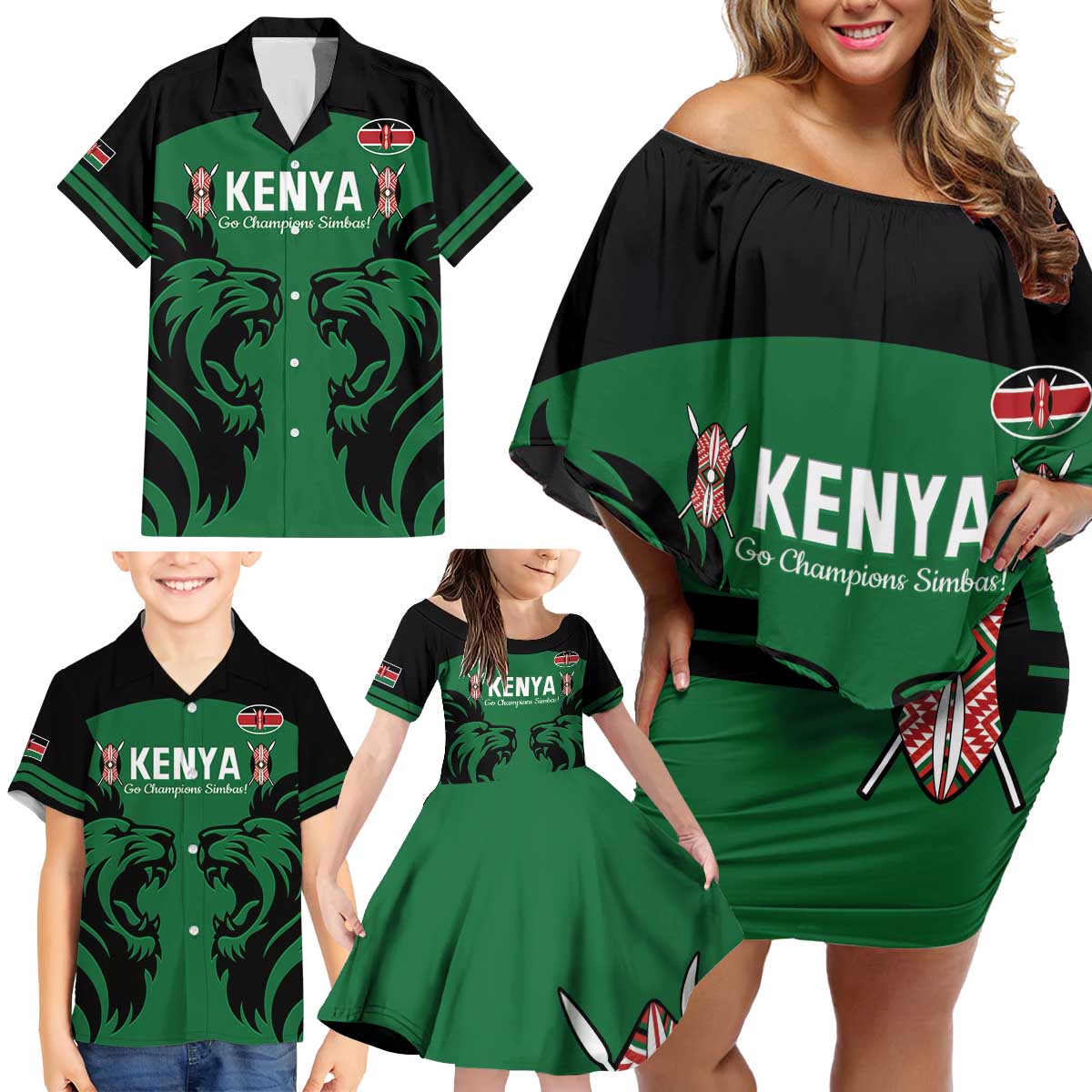 Custom Kenya Rugby Family Matching Off Shoulder Short Dress and Hawaiian Shirt 2024 Go Champions Simbas - Green - Wonder Print Shop
