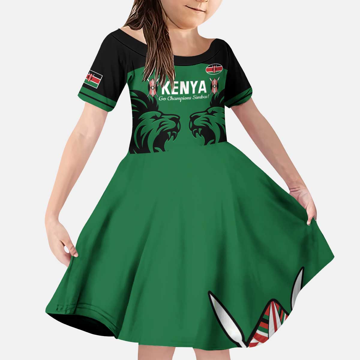 Custom Kenya Rugby Kid Short Sleeve Dress 2024 Go Champions Simbas - Green - Wonder Print Shop