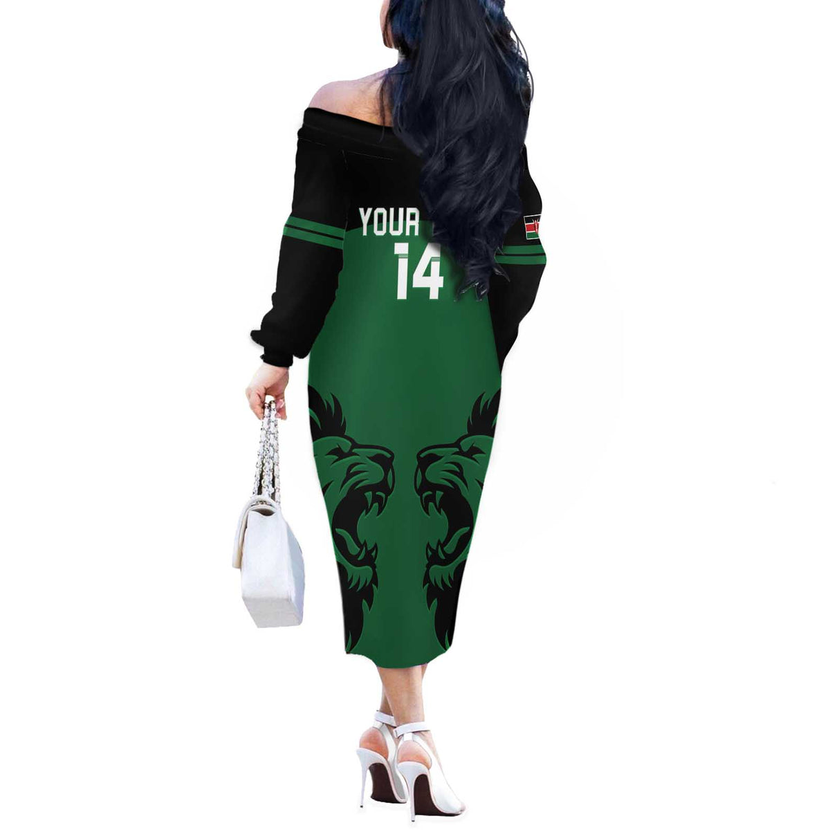 Custom Kenya Rugby Off The Shoulder Long Sleeve Dress 2024 Go Champions Simbas - Green - Wonder Print Shop