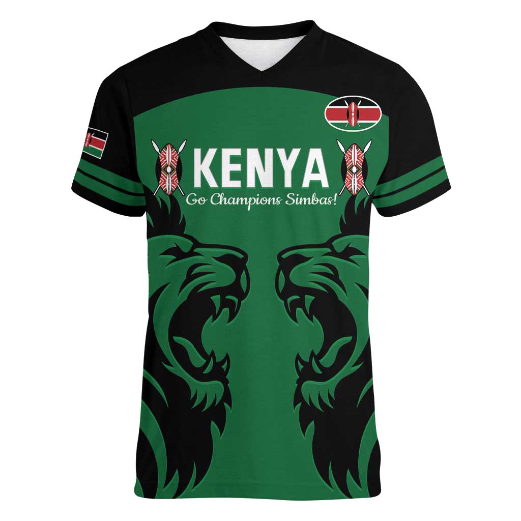 Custom Kenya Rugby Women V-Neck T-Shirt 2024 Go Champions Simbas - Green - Wonder Print Shop
