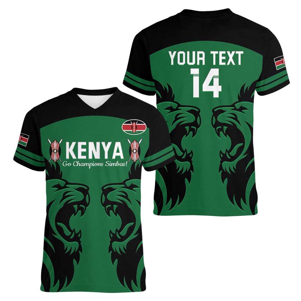 Custom Kenya Rugby Women V-Neck T-Shirt 2024 Go Champions Simbas - Green - Wonder Print Shop