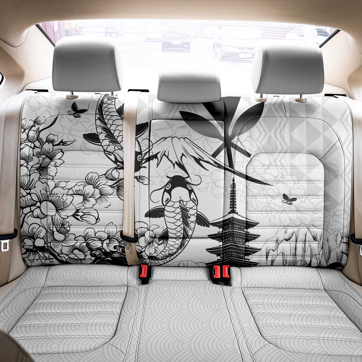 Japan And Hawaii Back Car Seat Cover Sakura Koi Fish Hawaiian Lei Kanaka - Wonder Print Shop