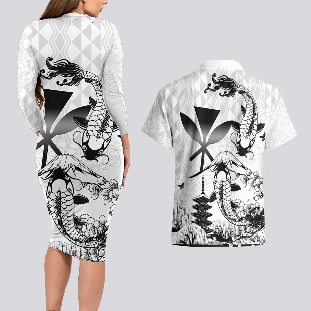Japan And Hawaii Couples Matching Long Sleeve Bodycon Dress and Hawaiian Shirt Sakura Koi Fish Hawaiian Lei Kanaka - Wonder Print Shop