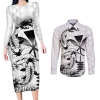 Japan And Hawaii Couples Matching Long Sleeve Bodycon Dress and Long Sleeve Button Shirt Sakura Koi Fish Hawaiian Lei Kanaka - Wonder Print Shop