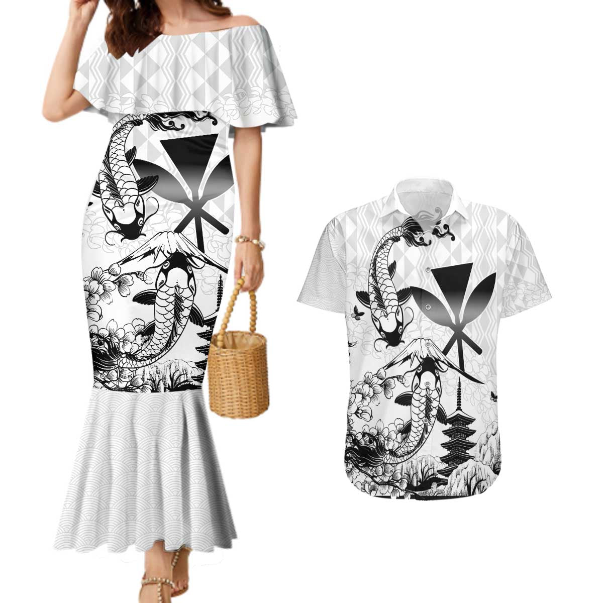 Japan And Hawaii Couples Matching Mermaid Dress and Hawaiian Shirt Sakura Koi Fish Hawaiian Lei Kanaka - Wonder Print Shop