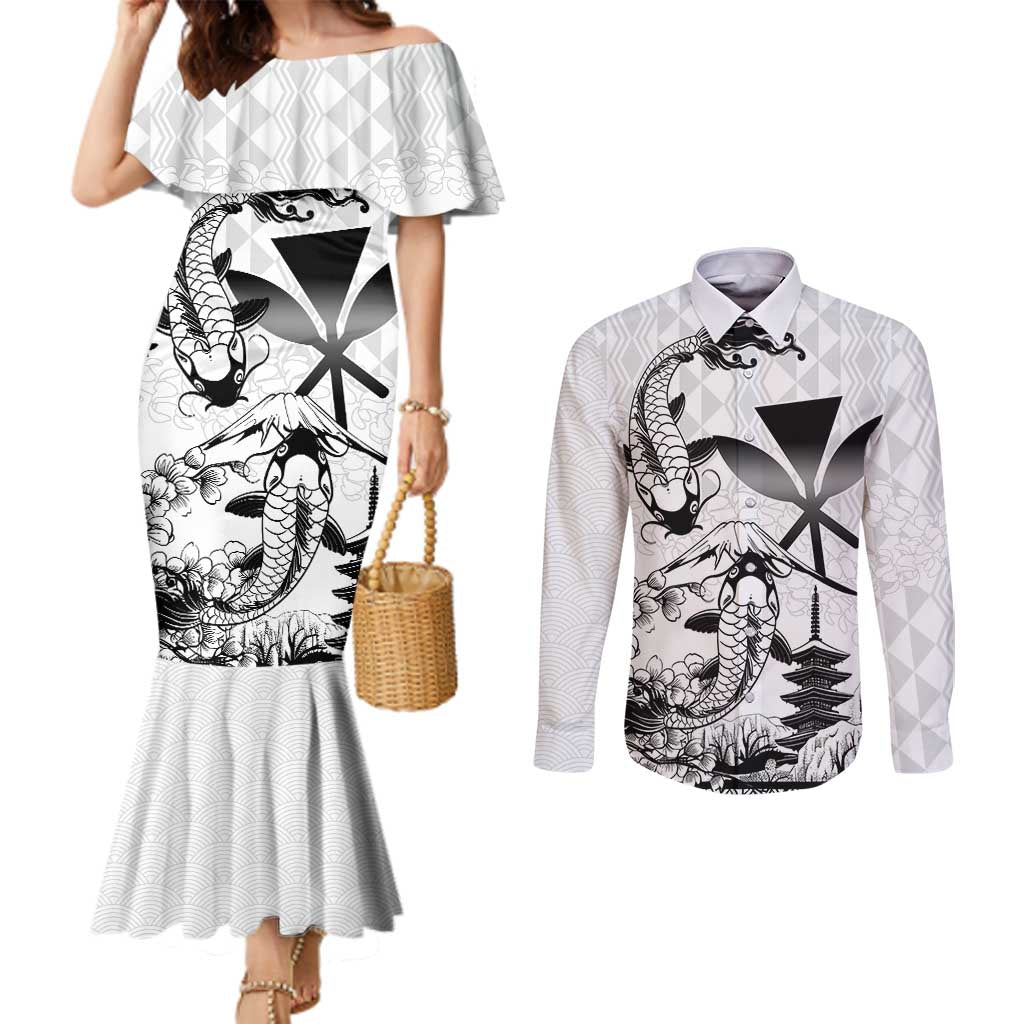 Japan And Hawaii Couples Matching Mermaid Dress and Long Sleeve Button Shirt Sakura Koi Fish Hawaiian Lei Kanaka - Wonder Print Shop