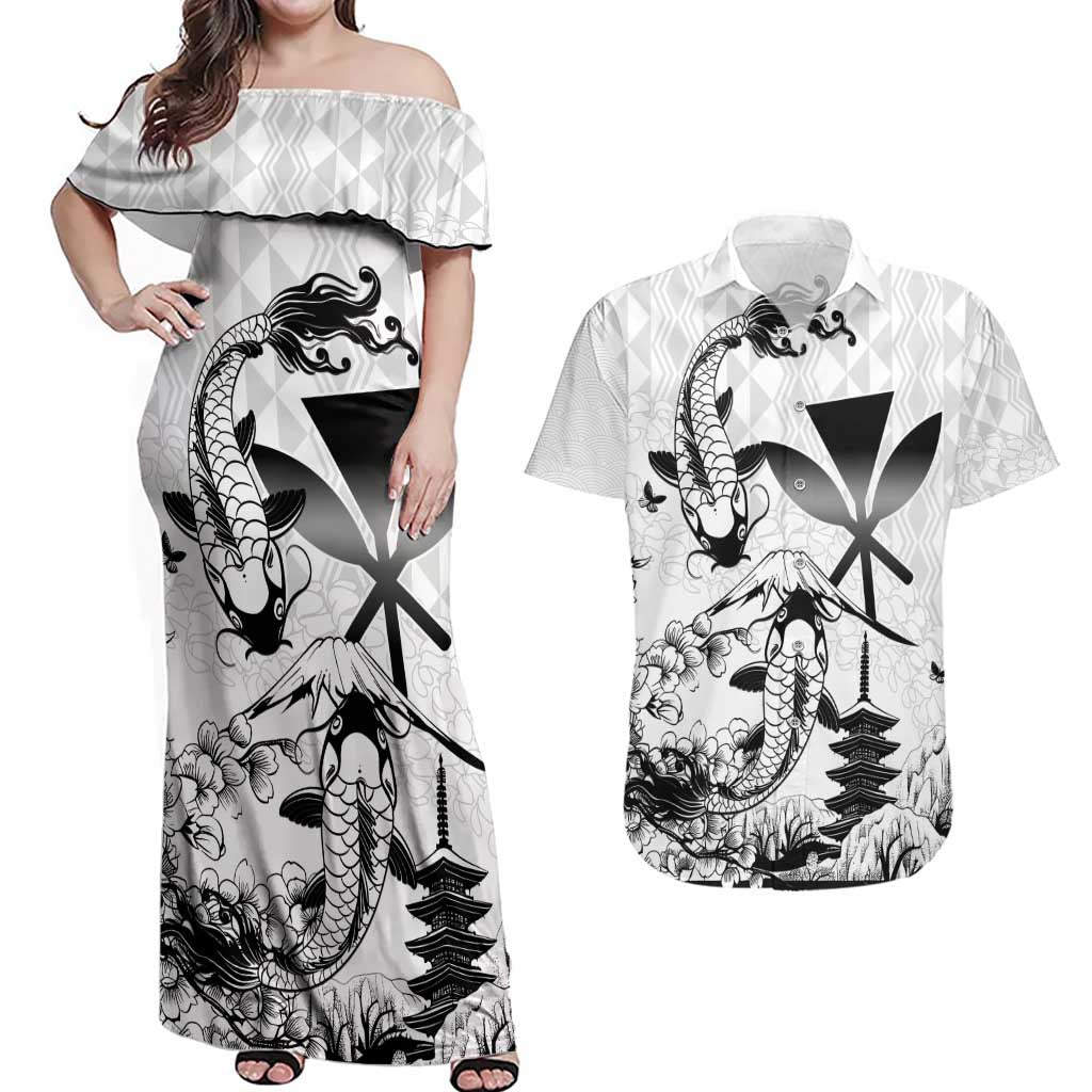 Japan And Hawaii Couples Matching Off Shoulder Maxi Dress and Hawaiian Shirt Sakura Koi Fish Hawaiian Lei Kanaka - Wonder Print Shop