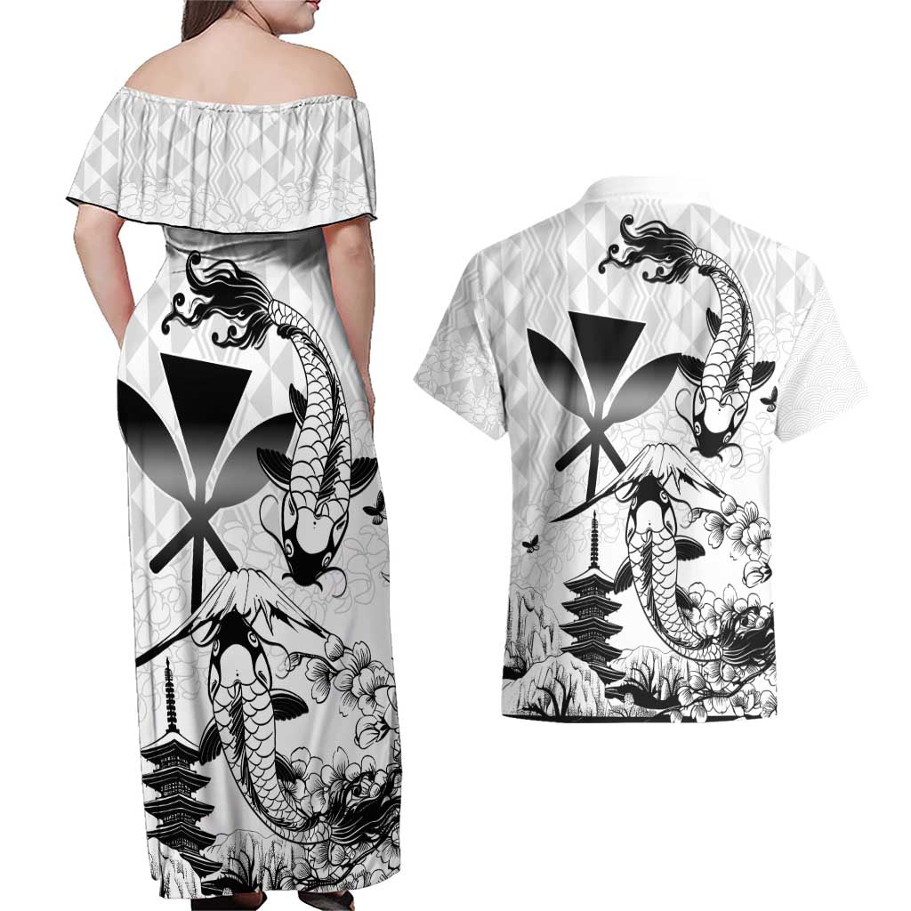 Japan And Hawaii Couples Matching Off Shoulder Maxi Dress and Hawaiian Shirt Sakura Koi Fish Hawaiian Lei Kanaka - Wonder Print Shop