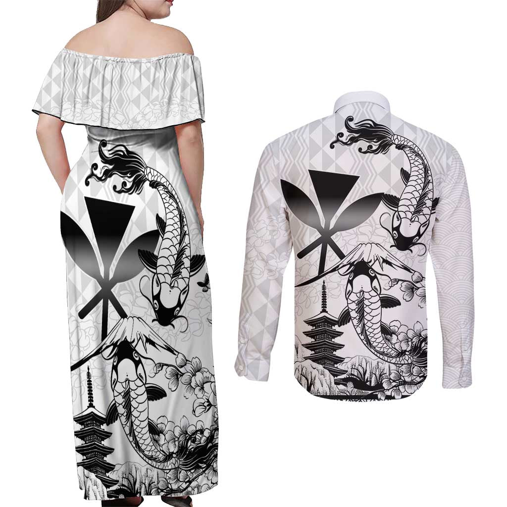 Japan And Hawaii Couples Matching Off Shoulder Maxi Dress and Long Sleeve Button Shirt Sakura Koi Fish Hawaiian Lei Kanaka - Wonder Print Shop