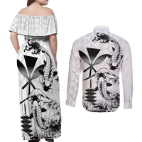 Japan And Hawaii Couples Matching Off Shoulder Maxi Dress and Long Sleeve Button Shirt Sakura Koi Fish Hawaiian Lei Kanaka - Wonder Print Shop