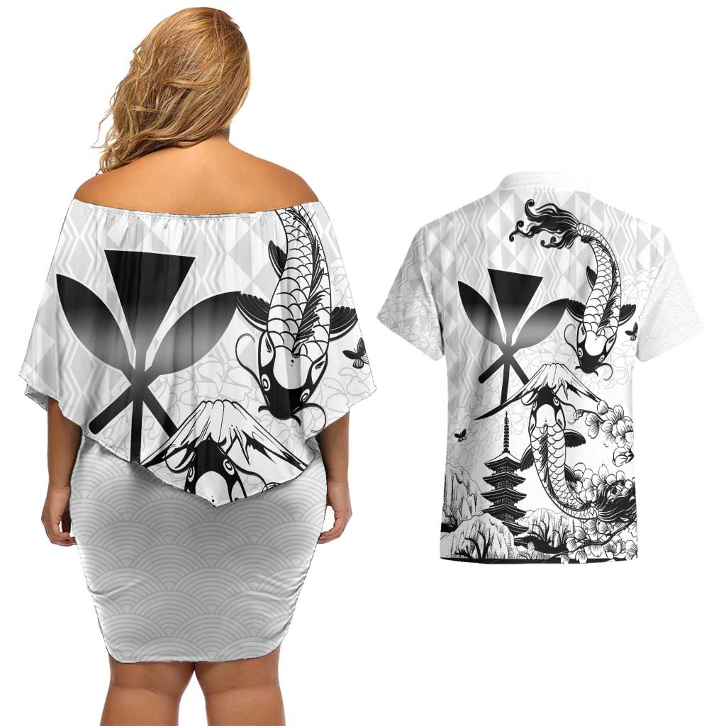 Japan And Hawaii Couples Matching Off Shoulder Short Dress and Hawaiian Shirt Sakura Koi Fish Hawaiian Lei Kanaka - Wonder Print Shop