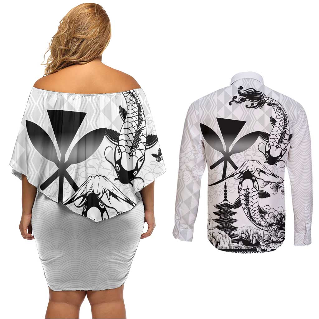 Japan And Hawaii Couples Matching Off Shoulder Short Dress and Long Sleeve Button Shirt Sakura Koi Fish Hawaiian Lei Kanaka - Wonder Print Shop