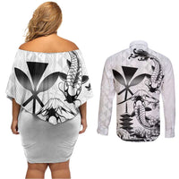 Japan And Hawaii Couples Matching Off Shoulder Short Dress and Long Sleeve Button Shirt Sakura Koi Fish Hawaiian Lei Kanaka - Wonder Print Shop