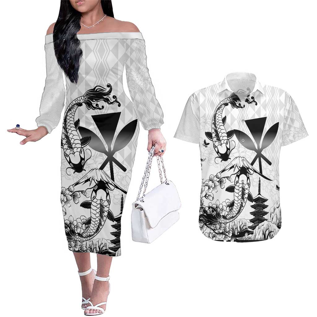 Japan And Hawaii Couples Matching Off The Shoulder Long Sleeve Dress and Hawaiian Shirt Sakura Koi Fish Hawaiian Lei Kanaka - Wonder Print Shop