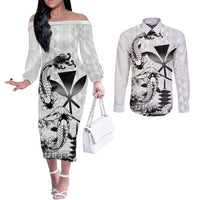 Japan And Hawaii Couples Matching Off The Shoulder Long Sleeve Dress and Long Sleeve Button Shirt Sakura Koi Fish Hawaiian Lei Kanaka - Wonder Print Shop