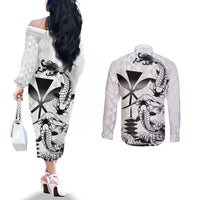 Japan And Hawaii Couples Matching Off The Shoulder Long Sleeve Dress and Long Sleeve Button Shirt Sakura Koi Fish Hawaiian Lei Kanaka - Wonder Print Shop