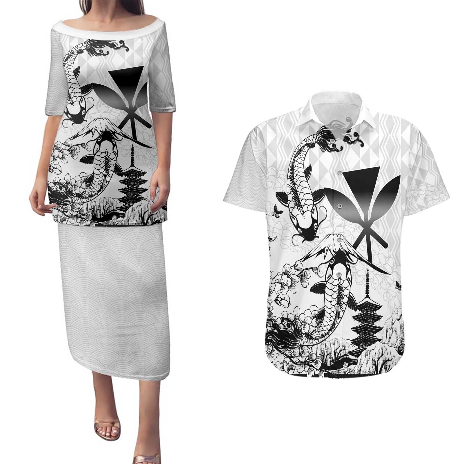 Japan And Hawaii Couples Matching Puletasi and Hawaiian Shirt Sakura Koi Fish Hawaiian Lei Kanaka - Wonder Print Shop