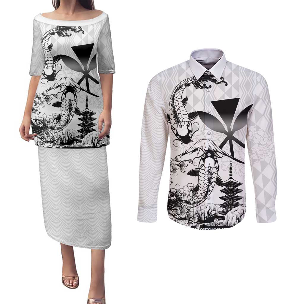 Japan And Hawaii Couples Matching Puletasi and Long Sleeve Button Shirt Sakura Koi Fish Hawaiian Lei Kanaka - Wonder Print Shop