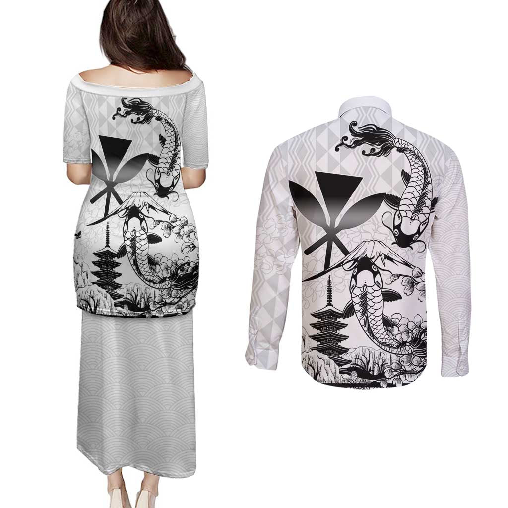 Japan And Hawaii Couples Matching Puletasi and Long Sleeve Button Shirt Sakura Koi Fish Hawaiian Lei Kanaka - Wonder Print Shop