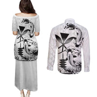 Japan And Hawaii Couples Matching Puletasi and Long Sleeve Button Shirt Sakura Koi Fish Hawaiian Lei Kanaka - Wonder Print Shop