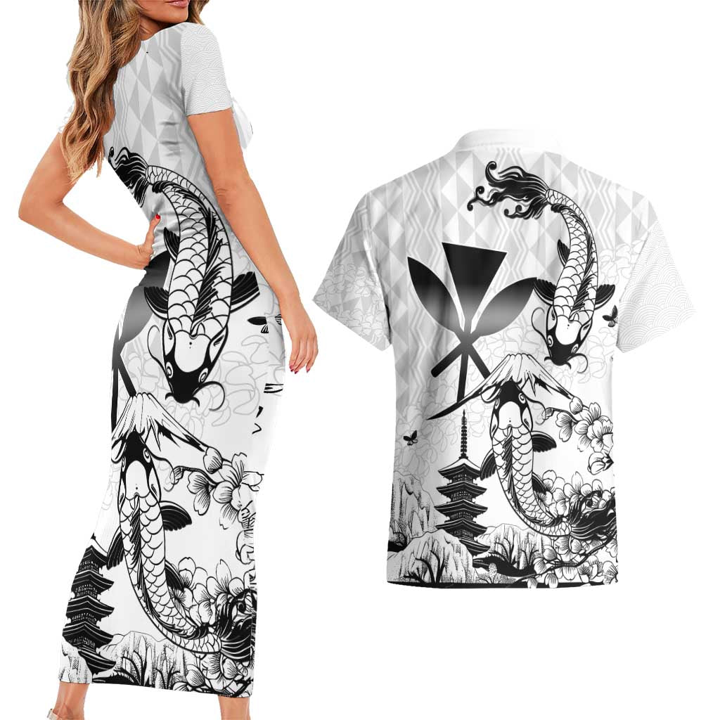 Japan And Hawaii Couples Matching Short Sleeve Bodycon Dress and Hawaiian Shirt Sakura Koi Fish Hawaiian Lei Kanaka - Wonder Print Shop