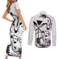 Japan And Hawaii Couples Matching Short Sleeve Bodycon Dress and Long Sleeve Button Shirt Sakura Koi Fish Hawaiian Lei Kanaka - Wonder Print Shop